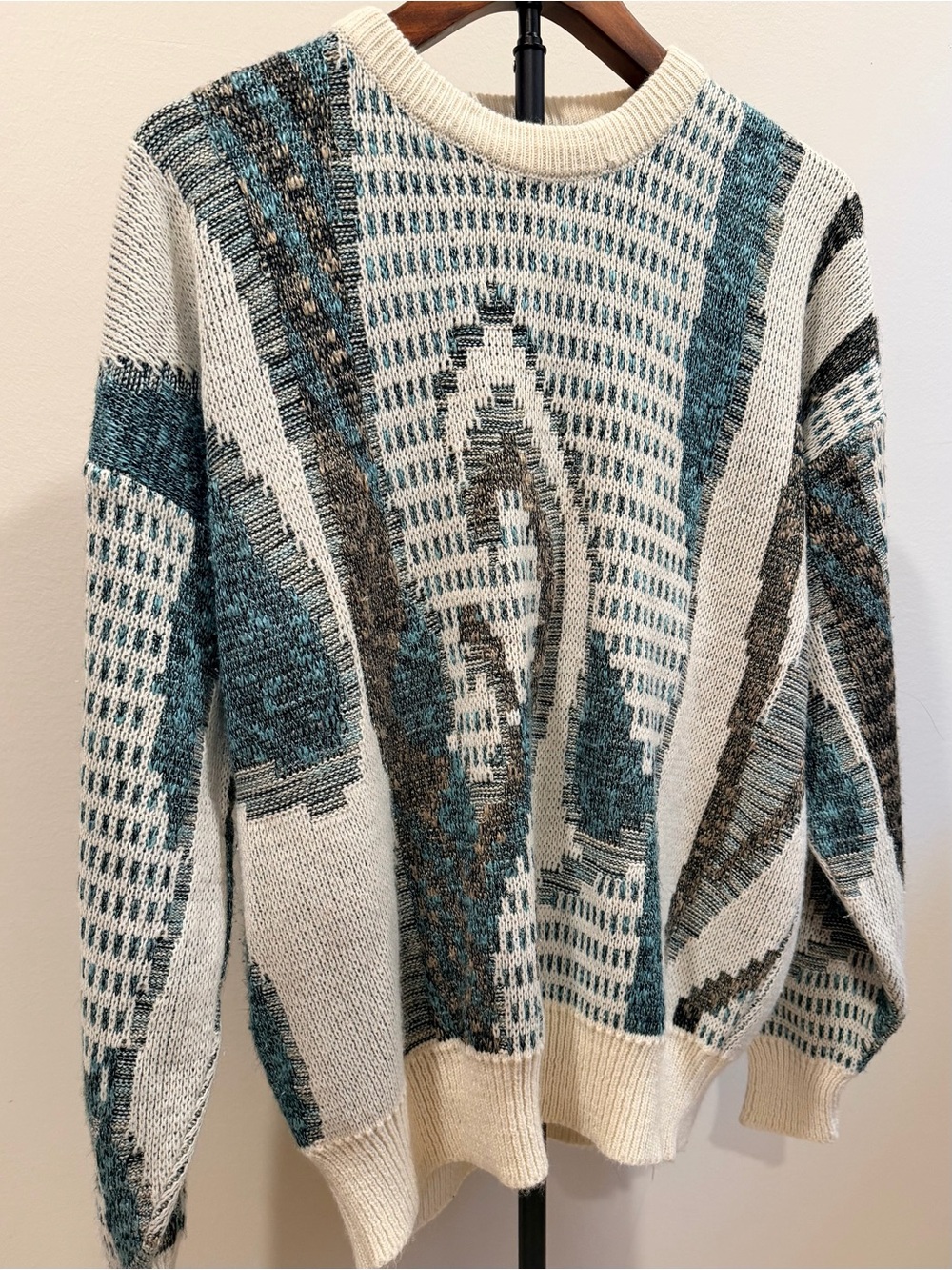 Vintage Expressions Abstract Geometric Sweater Womens L 90s Teal
